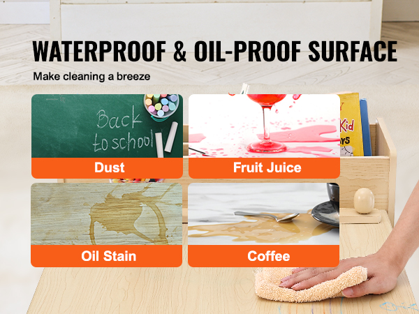 waterproof and oil-proof VEVOR kids art table, easy to clean, with crayons, books, and cleaning cloth.