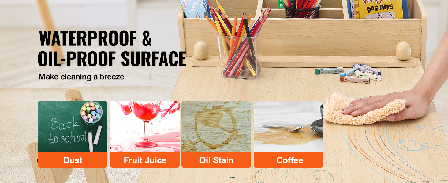 waterproof and oil-proof VEVOR kids art table, easy to clean, with crayons, books, and cleaning cloth.