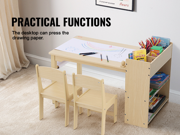 VEVOR kids art table with chairs, drawing paper, and side storage shelves for books and supplies.