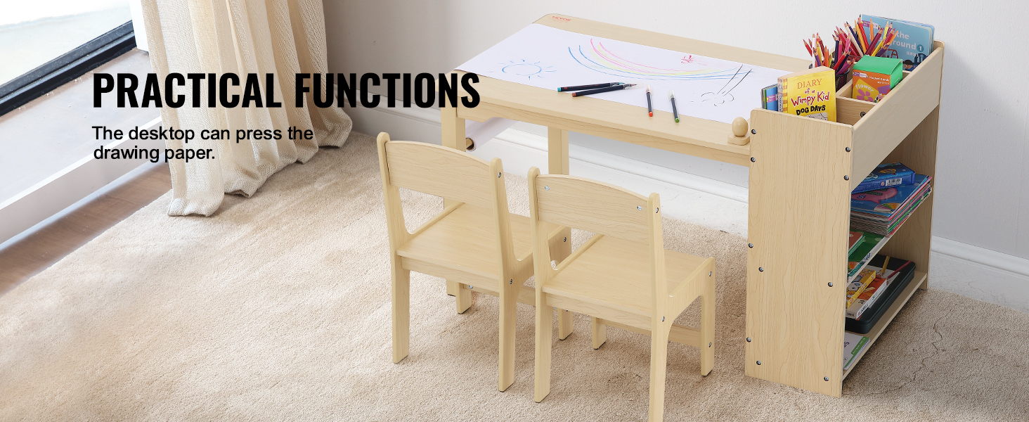 VEVOR kids art table with chairs, drawing paper, and side storage shelves for books and supplies.