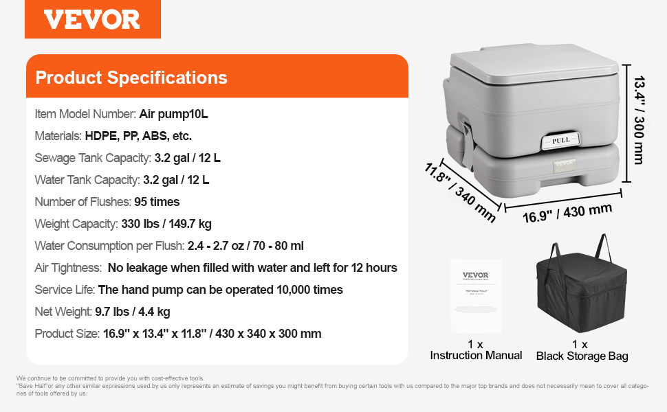 VEVOR portable toilet specs with tank capacity, size, weight, manual, and storage bag shown