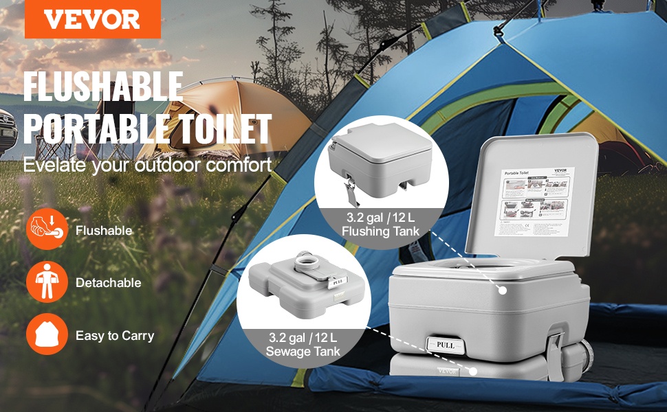VEVOR portable toilet with flushing and sewage tanks, perfect for camping. detachable and easy to carry.