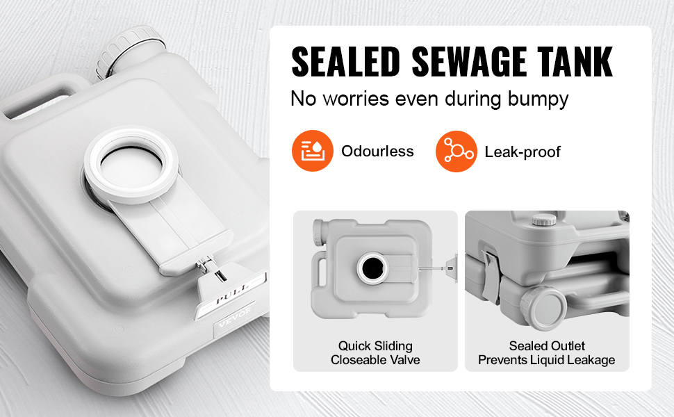 VEVOR portable toilet with sealed sewage tank, odourless, leak-proof, quick sliding closeable valve.