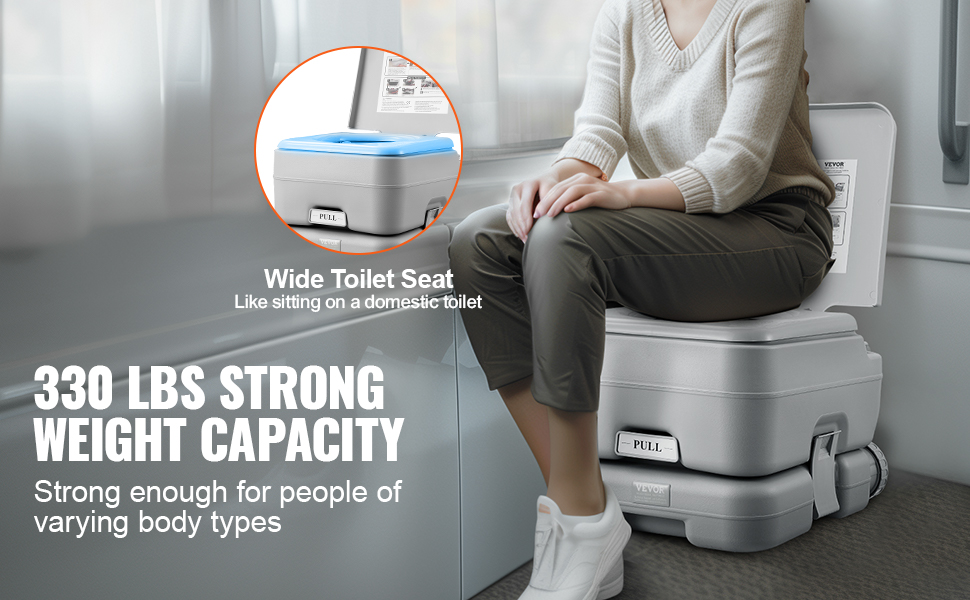 VEVOR portable toilet with wide seat and 330 lbs weight capacity supporting various body types.