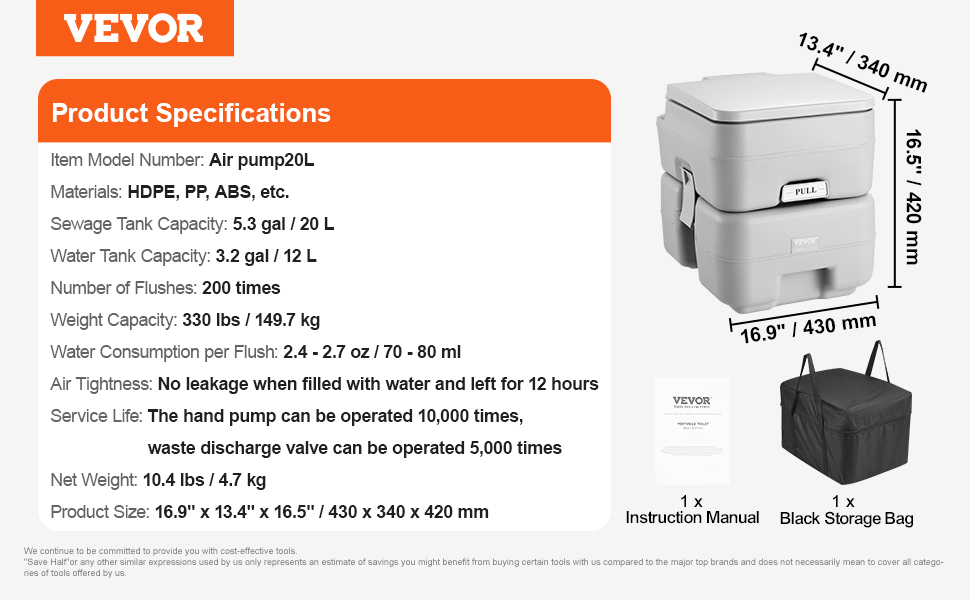 VEVOR portable toilet specifications, including dimensions, materials, weight, and capacity details.