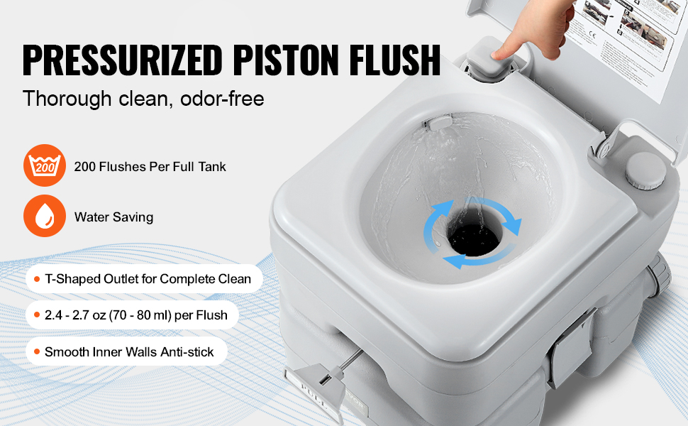 VEVOR portable toilet with pressurized piston flush, 200 flushes per tank, and water-saving design.