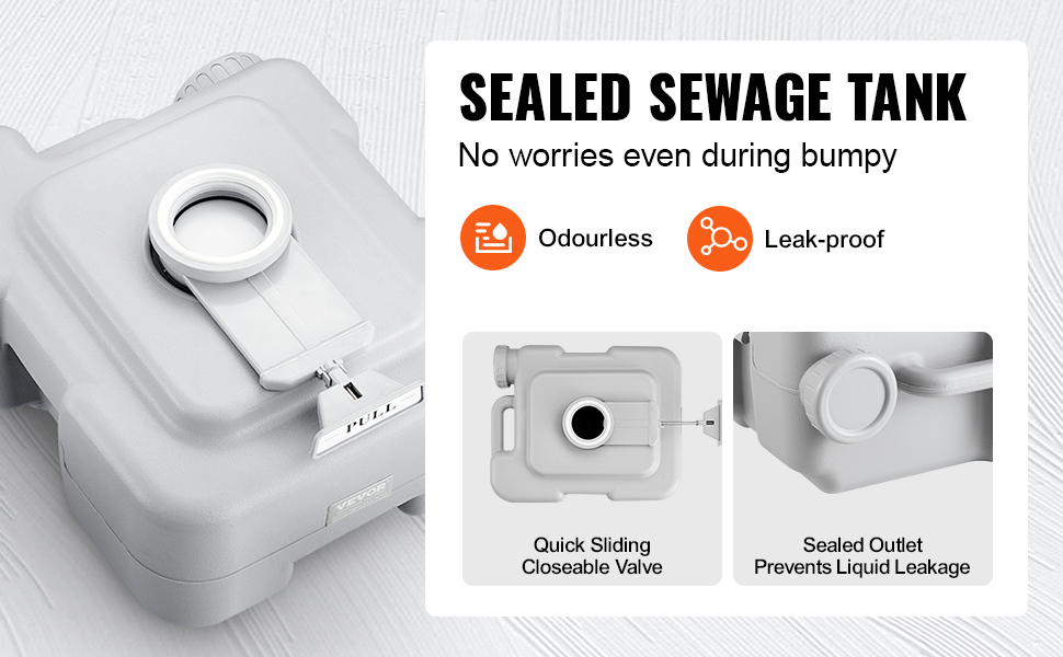 VEVOR portable toilet sealed sewage tank with quick sliding closeable valve, odourless, and leak-proof design.