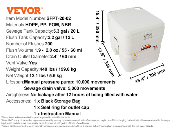 VEVOR portable camping toilet with 5.3-gal sewage tank, 3.2-gal flush tank, and black storage bag.