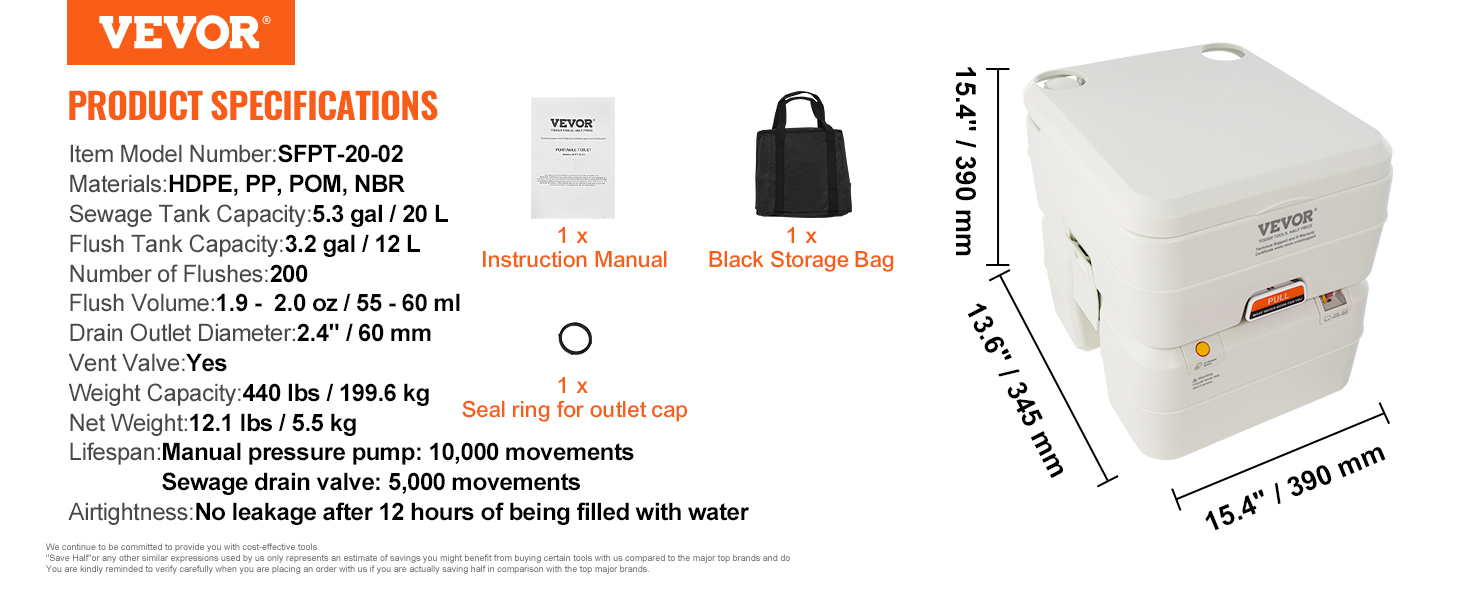 VEVOR portable camping toilet with 5.3-gal sewage tank, 3.2-gal flush tank, and black storage bag.