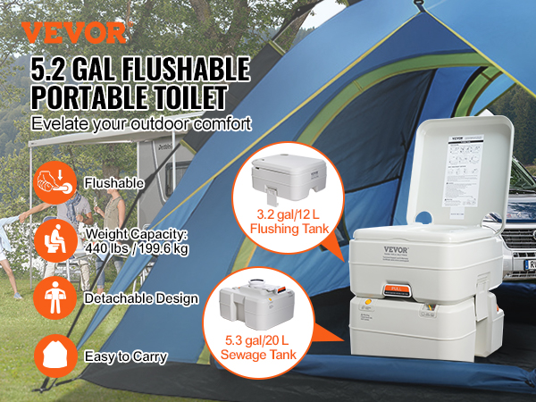 VEVOR portable camping toilet by rv and tent, 5.3 gal capacity, flushable, detachable, 440 lbs limit.