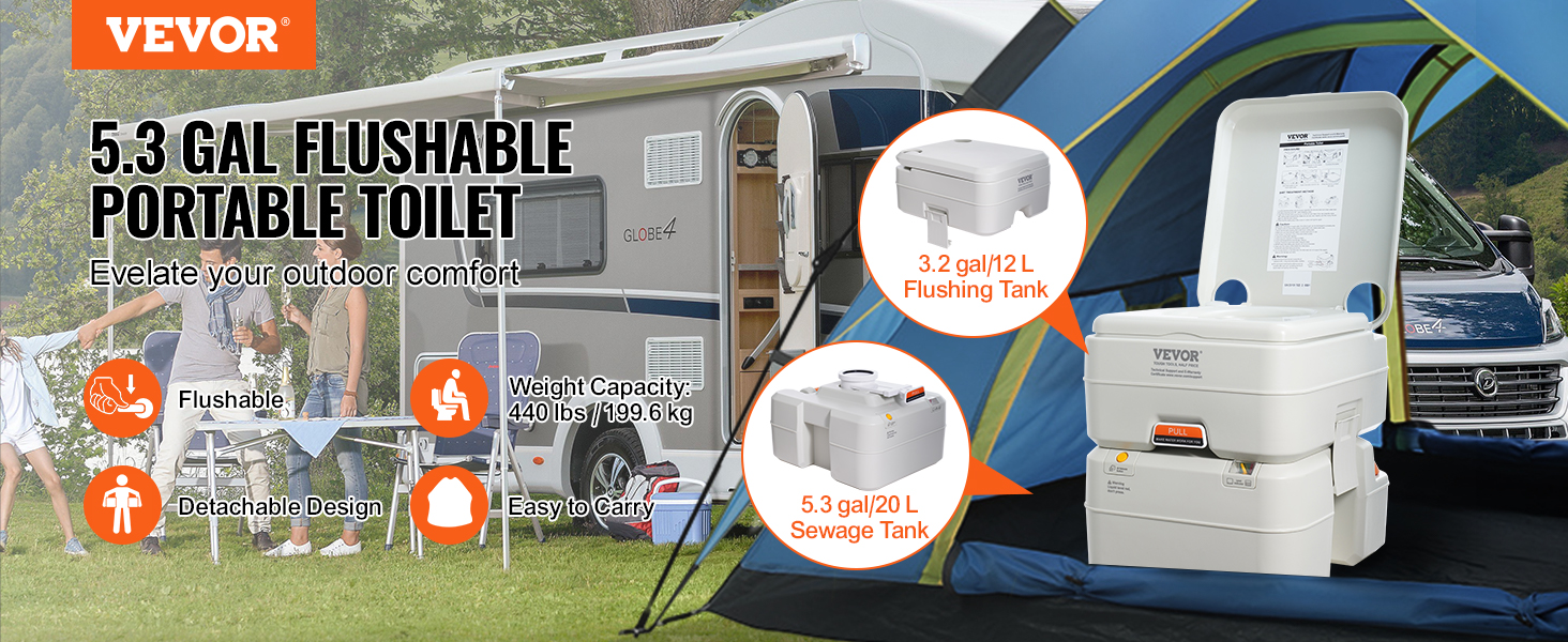 VEVOR portable camping toilet by rv and tent, 5.3 gal capacity, flushable, detachable, 440 lbs limit.
