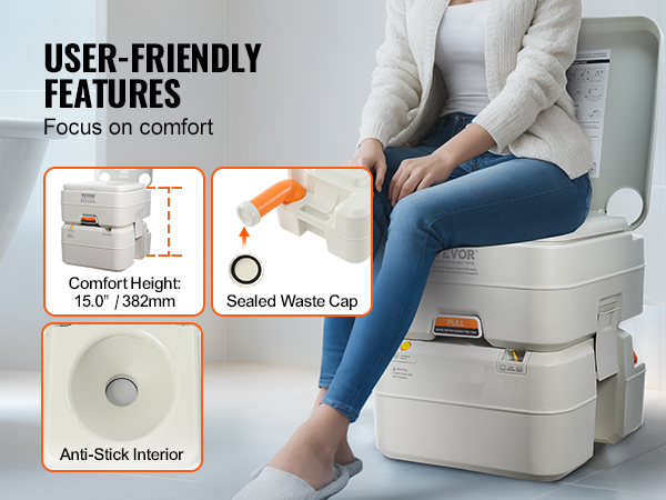 VEVOR portable camping toilet with comfort height, sealed waste cap, and anti-stick interior features.