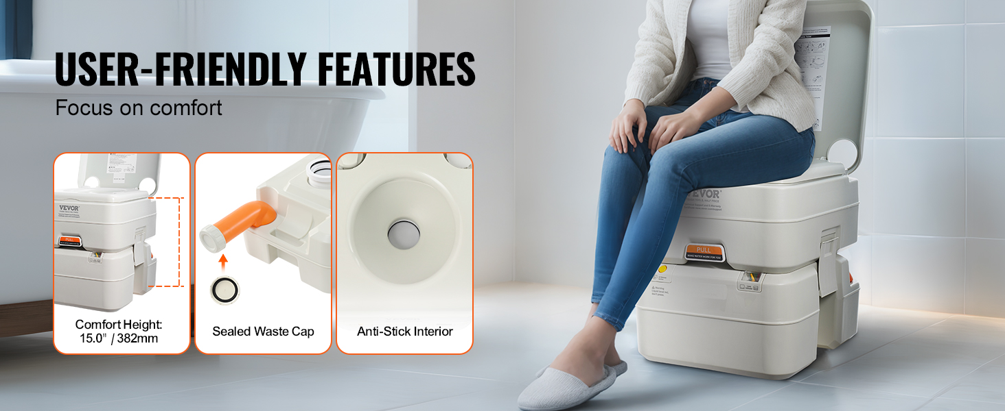 VEVOR portable camping toilet with comfort height, sealed waste cap, and anti-stick interior features.
