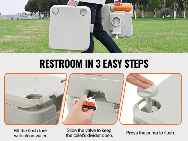 VEVOR portable camping toilet instructions: fill tank, slide valve, pump to flush. convenient outdoor use.