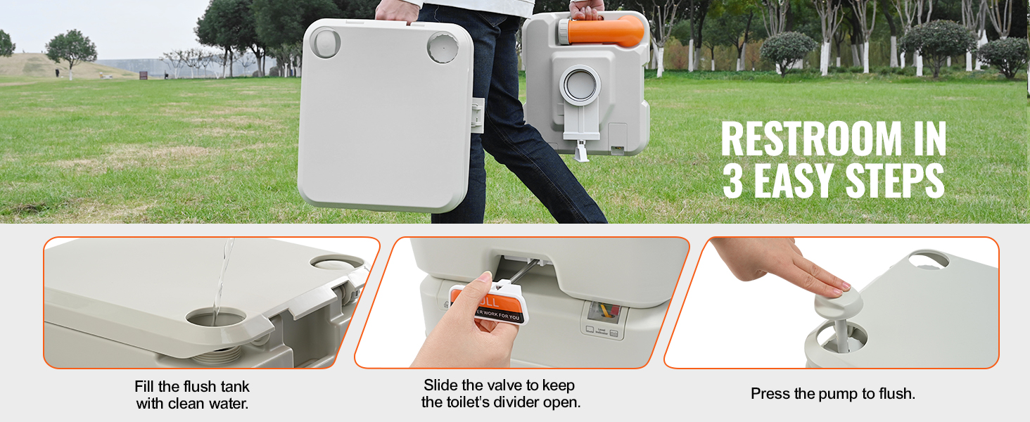 VEVOR portable camping toilet instructions: fill tank, slide valve, pump to flush. convenient outdoor use.