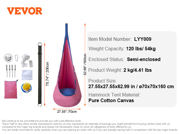 VEVOR kids pod swing seat, semi-enclosed, pure cotton canvas, 120 lbs capacity, with installation kit.