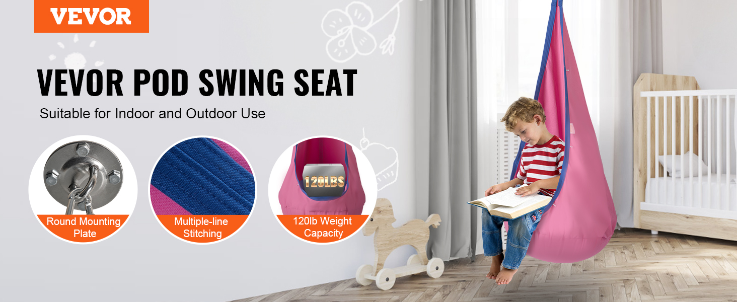 VEVOR kids pod swing seat for indoor and outdoor use, featuring 120lb weight capacity and sturdy installation.