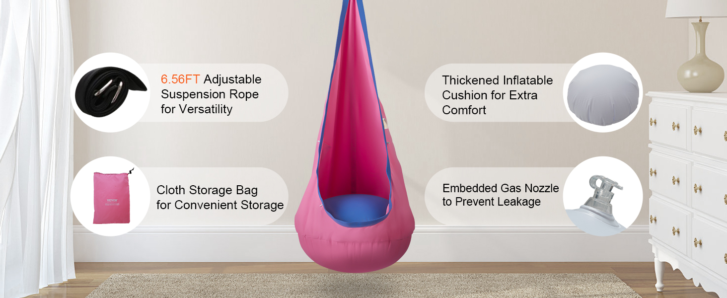 pink VEVOR kids pod swing seat with an adjustable suspension rope, storage bag, and thickened cushion.