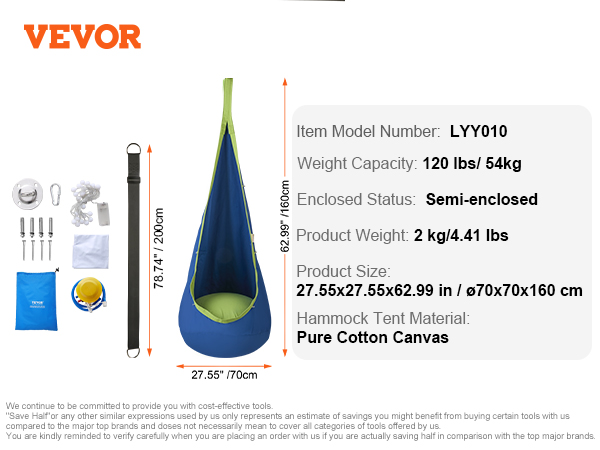 VEVOR kids pod swing seat with installation kit, 120 lbs capacity, 27.55x62.99 in, pure cotton canvas.