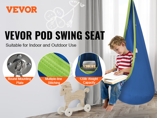 VEVOR kids pod swing seat for indoor and outdoor use, featuring round mounting plate and durable stitching.