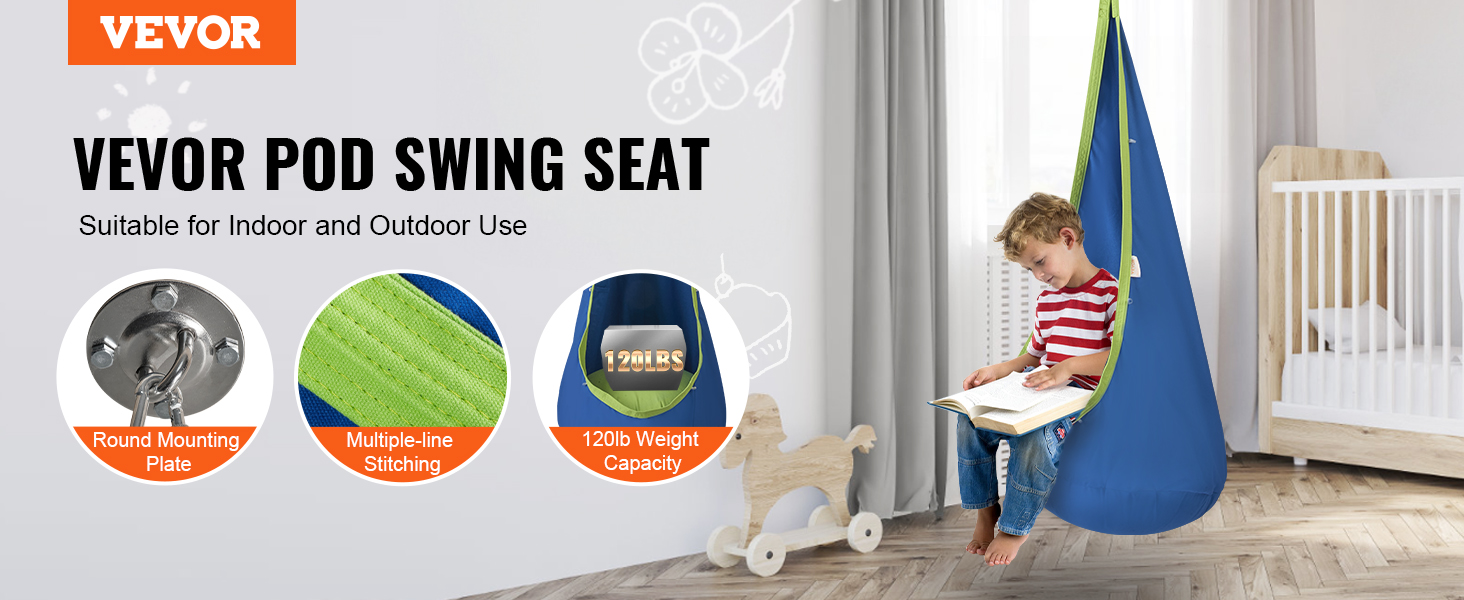 VEVOR kids pod swing seat for indoor and outdoor use, featuring round mounting plate and durable stitching.