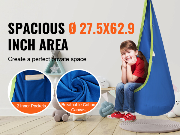 VEVOR kids pod swing seat in blue, offering a spacious 27.5x62.9 inch area with 2 inner pockets and breathable cotton canvas.