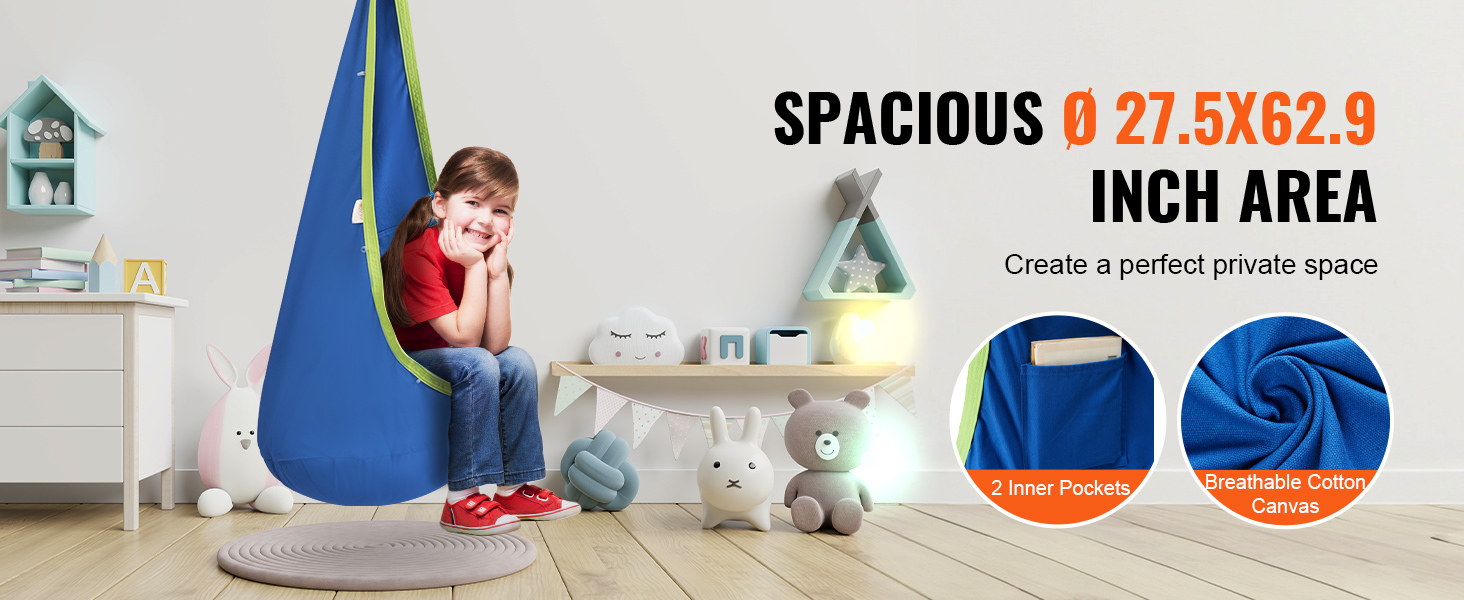 VEVOR kids pod swing seat in blue, offering a spacious 27.5x62.9 inch area with 2 inner pockets and breathable cotton canvas.
