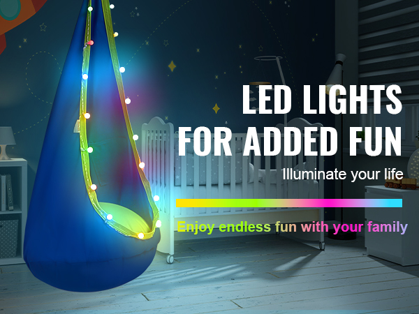 colorful led-lit VEVOR kids pod swing seat in a cozy, star-themed nursery, next to a crib and shelves.