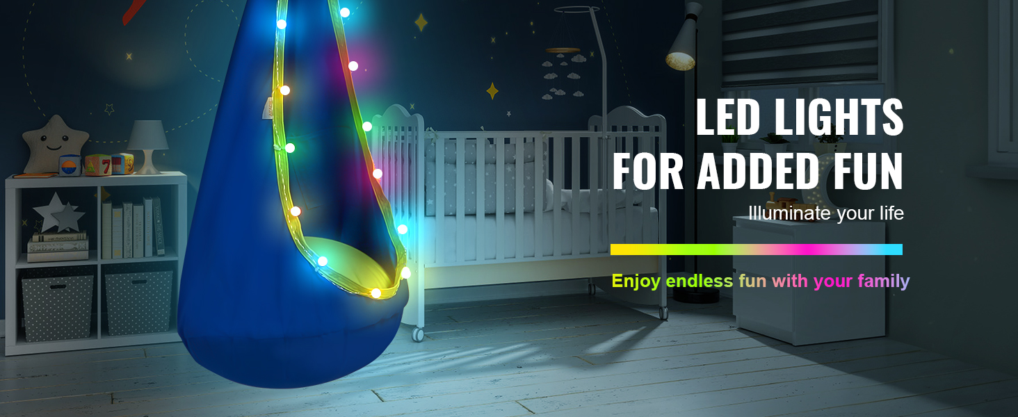 colorful led-lit VEVOR kids pod swing seat in a cozy, star-themed nursery, next to a crib and shelves.