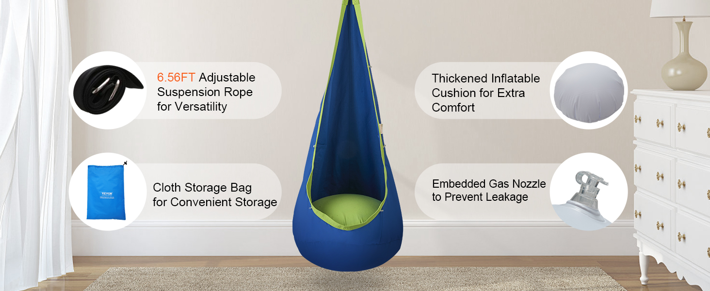 VEVOR kids pod swing seat with adjustable rope, storage bag, inflatable cushion, and gas nozzle.