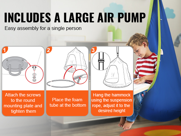 VEVOR kids pod swing seat includes a large air pump and easy assembly instructions for single person setup.