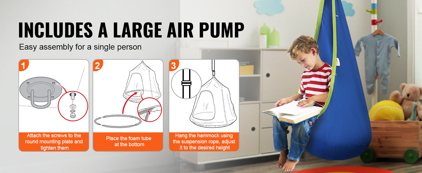 VEVOR kids pod swing seat includes a large air pump and easy assembly instructions for single person setup.
