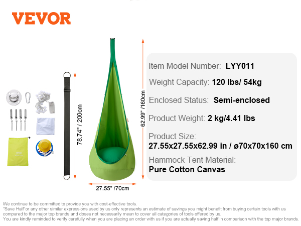 green VEVOR kids pod swing seat, 70x160 cm, pure cotton, 120 lbs capacity, semi-enclosed, includes mounting kit.
