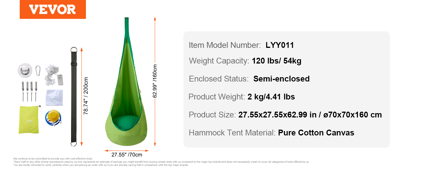 green VEVOR kids pod swing seat, 70x160 cm, pure cotton, 120 lbs capacity, semi-enclosed, includes mounting kit.