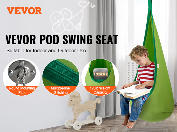 VEVOR kids pod swing seat for indoor and outdoor use, featuring round mounting plate and 120lb capacity.