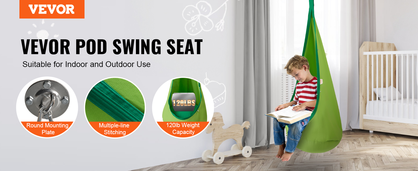 VEVOR kids pod swing seat for indoor and outdoor use, featuring round mounting plate and 120lb capacity.
