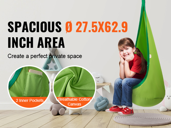 child sitting in VEVOR kids pod swing seat with inner pockets and breathable cotton canvas, ideal for playrooms.