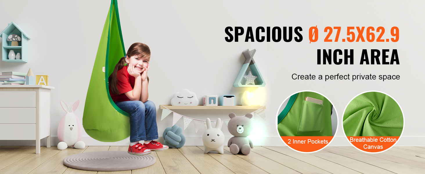 child sitting in VEVOR kids pod swing seat with inner pockets and breathable cotton canvas, ideal for playrooms.