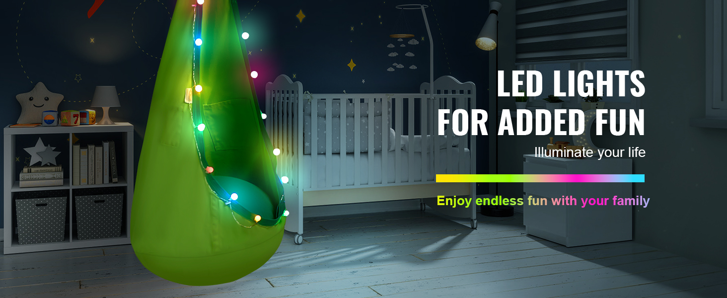 VEVOR kids pod swing seat with led lights for added fun in a cozy nursery setup.
