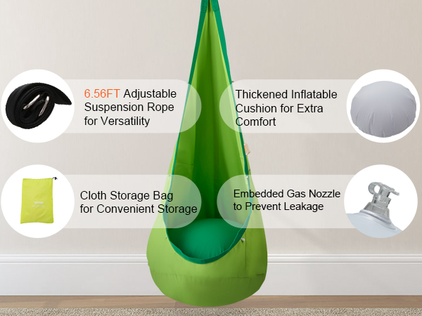 green VEVOR kids pod swing seat with 6.56ft adjustable rope, thickened cushion, storage bag, and gas nozzle.