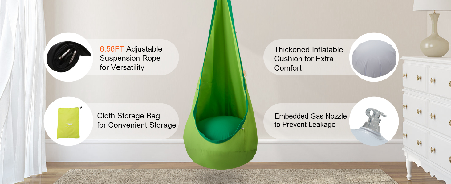 green VEVOR kids pod swing seat with 6.56ft adjustable rope, thickened cushion, storage bag, and gas nozzle.
