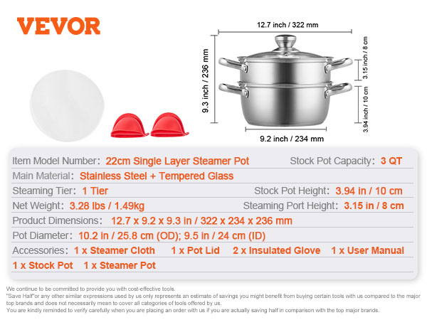 VEVOR steamer pot with 22cm stainless steel single layer, 9.3x12.7 inch, 3qt capacity, and accessories.