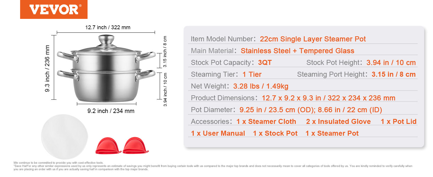 VEVOR steamer pot with 22cm stainless steel single layer, 9.3x12.7 inch, 3qt capacity, and accessories.