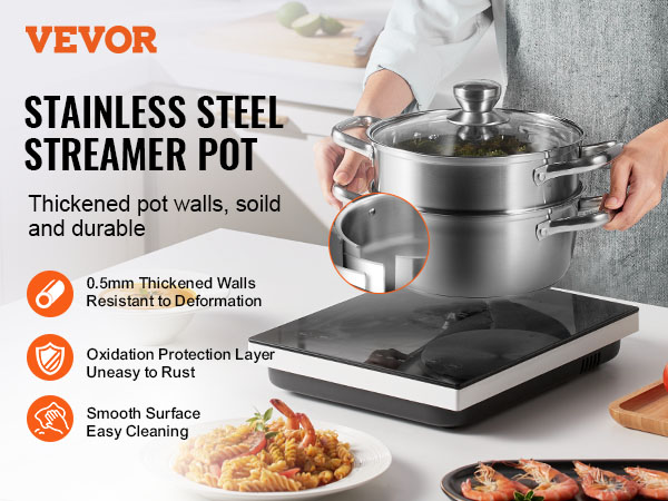 VEVOR steamer pot, stainless steel, thickened walls, durable, easy cleaning, anti-rust, kitchen scene.