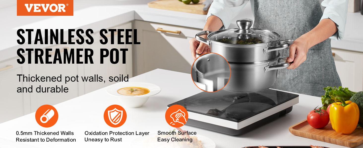 VEVOR steamer pot, stainless steel, thickened walls, durable, easy cleaning, anti-rust, kitchen scene.