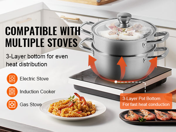 VEVOR steamer pot with 3-layer bottom, compatible with electric, induction, and gas stoves.