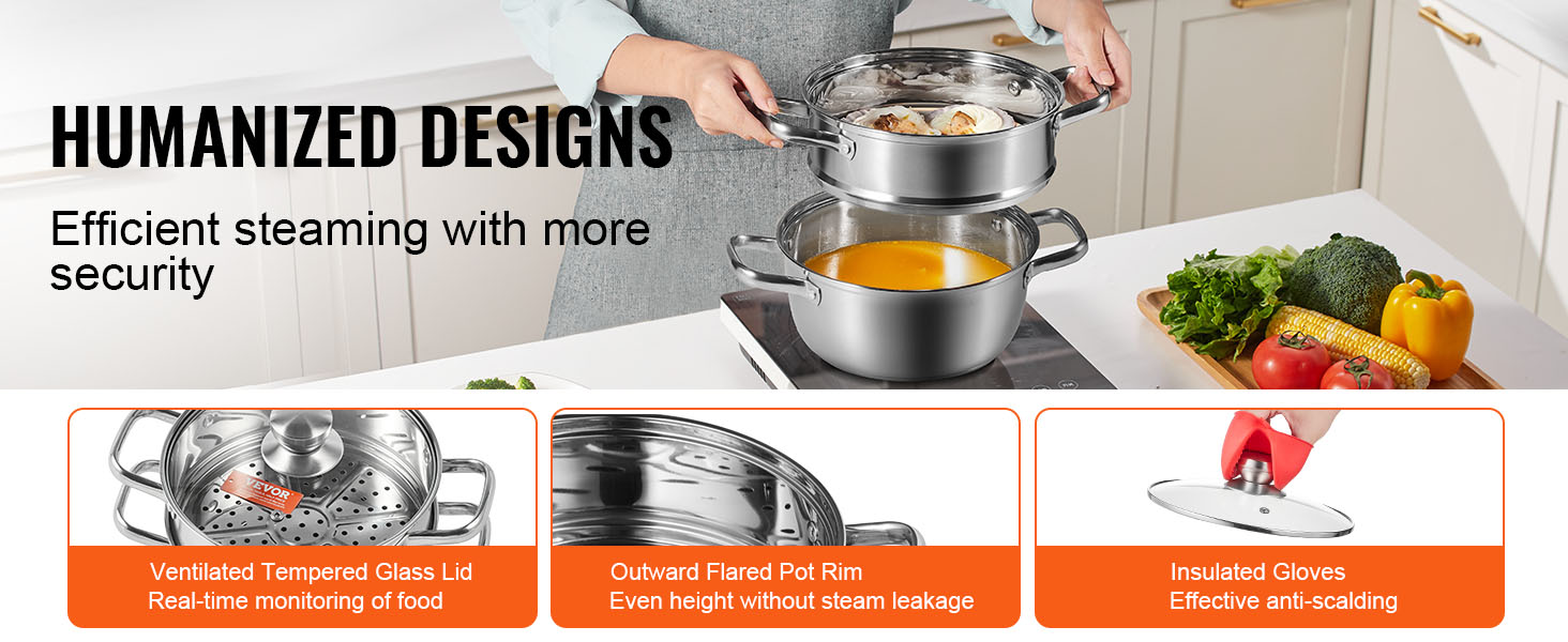 person using VEVOR steamer pot with tempered glass lid, steaming food above soup, veggies on counter.