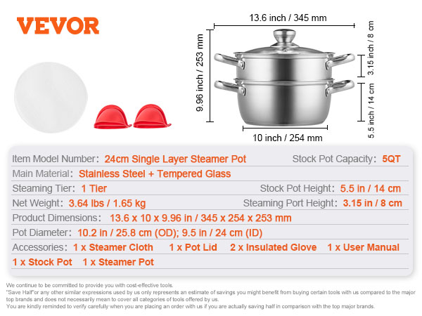 VEVOR steamer pot with tempered glass lid, stainless steel body, and accessories (gloves, cloth).