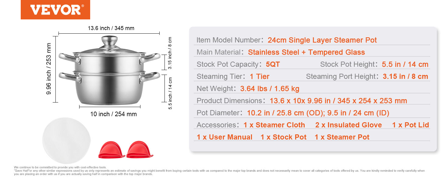 VEVOR steamer pot with tempered glass lid, stainless steel body, and accessories (gloves, cloth).