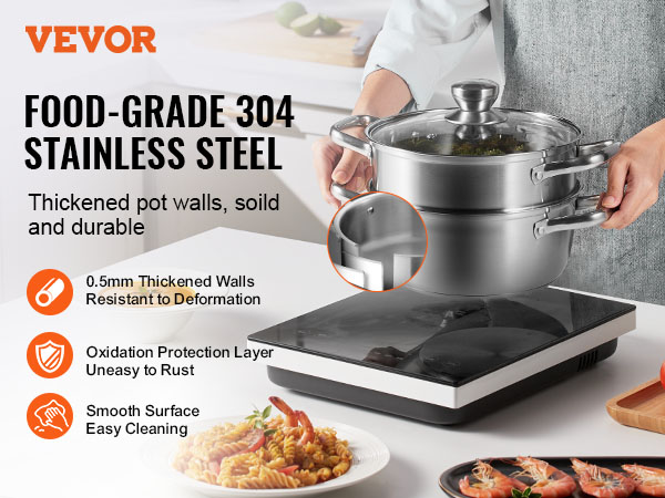 VEVOR steamer pot in use, showcasing durable food-grade 304 stainless steel and kitchen safe features.